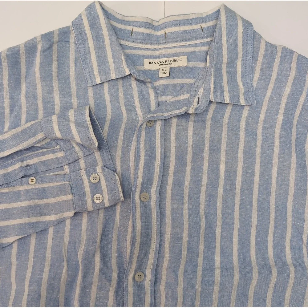 Banana Republic Mens XL 100% Linen Button Down Shirt Blue White Striped Resort